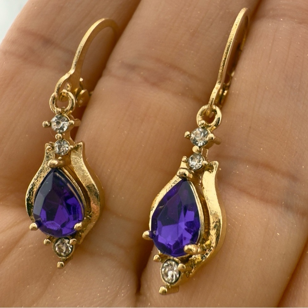 New!!! Gold and Purple Teardrop Crystals Earrings